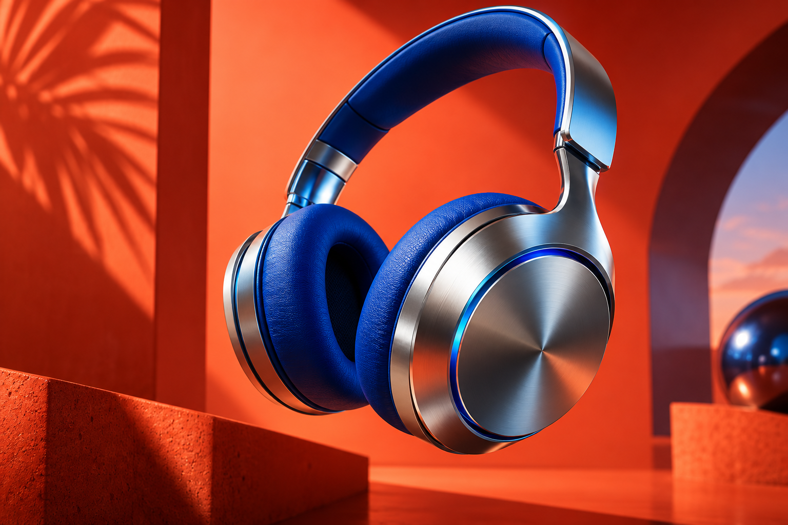 Chrome and cobalt headphones against an orange background