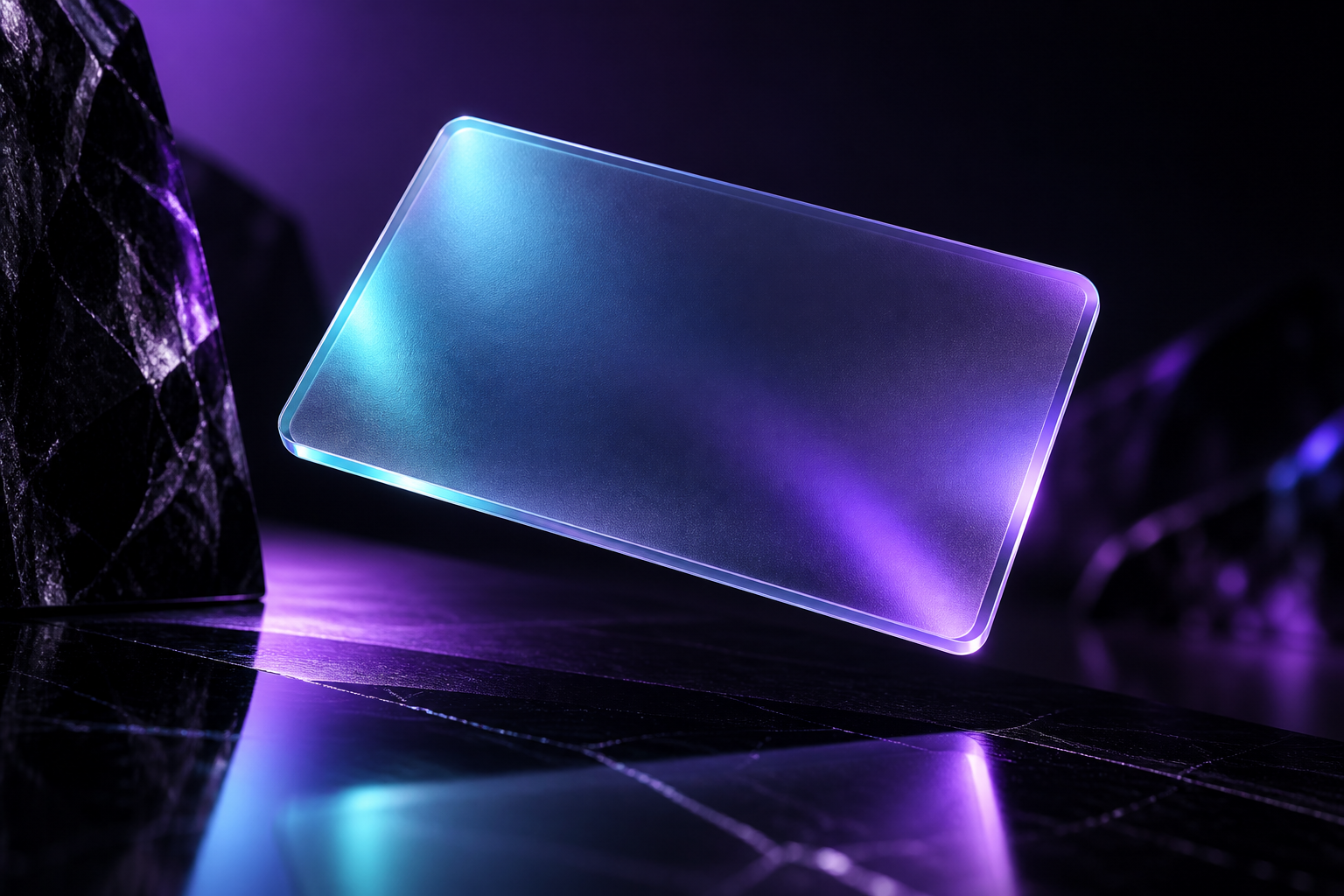Frosted glass card illuminated in violet and blue
